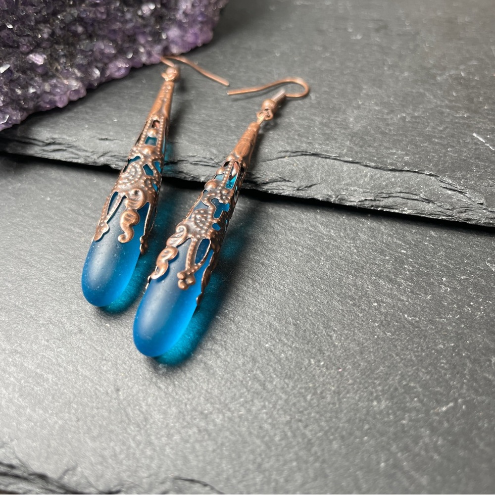 Artisan Boho Elegant Brilliant Blue Frosted Glass Antique Copper Drop Earrings - Picture 5 of 11